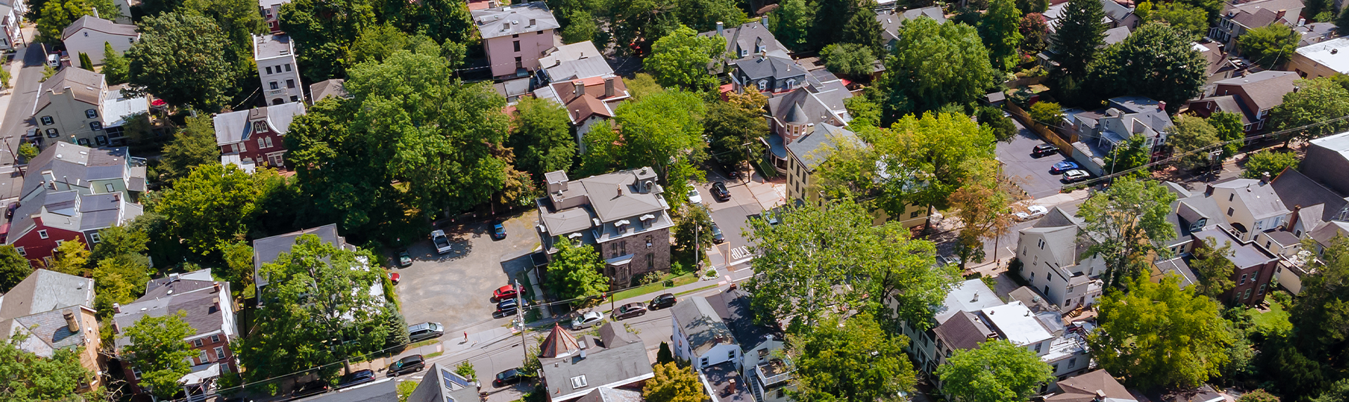 Panoramic view of a neighborhood in roofs of houses of residential area of Lambertville NJ US